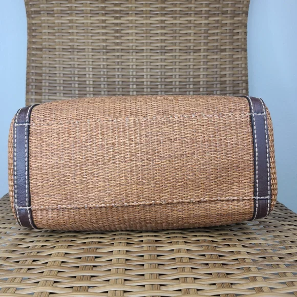 Fossil Bag Satchel Tan Straw Material Brown Leather Shoulder Strap Key Charm - Picture 10 of 16